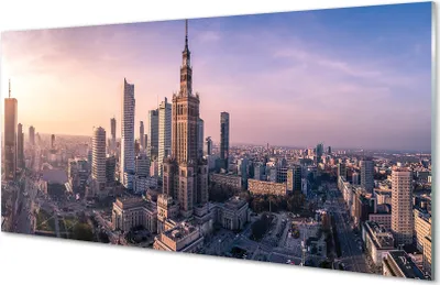 Produktbild von Glasbilder 140x70 Wandkunst Warschau Sonnenaufgang Wolkenkratzer Panorama