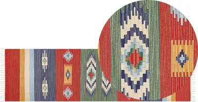 Produktbild von BELIANI Kelim-Teppich Mehrfarbig Baumwolle 80 x 300 cm mit Fransen Geometrischem Muster Handgewebt Zweiseitig Läufer Modern Wohnzimmer Schlafzimmer