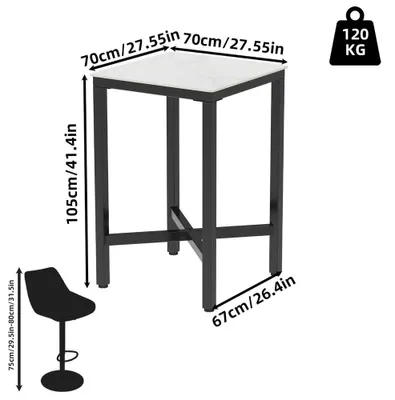 Produktbild von Hoher Bartisch - Quadratischer Stehtisch 105 cm - 70x70 cm - Metallgestell aus Eisen - Tischplatte aus Sinterstein - Für Küche und Wohnzimmer - Weiß