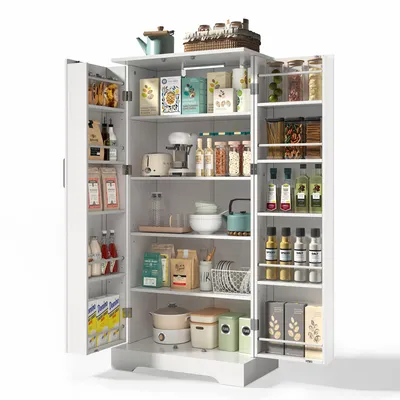 A white, multi-functional kitchen cabinet filled with various food items and kitchenware, presented against a white background.