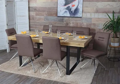 Produktbild von Esszimmer-Set MCW-H70, Sitzgruppe Esszimmergruppe Esszimmergarnitur, Stoff/Textil Edelstahl gebürstet  braun 160cm