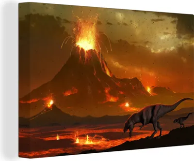 Produktbild von MuchoWow® - Leinwandbilder - Dino - Vulkan - Lava - Illustration - Jungen - Kinder, Wandbild, Wanddeko Bilder Wohnzimmer, 120x80 cm