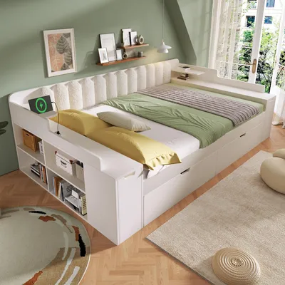 Imagen del producto de Cama nido Merax, con tapicería, de 140x200 cm, con 2 cajones, sofá cama tipo "daybed" con estación de carga USB y Tipo-C, somier de metal, respaldo de sherpa, color blanco