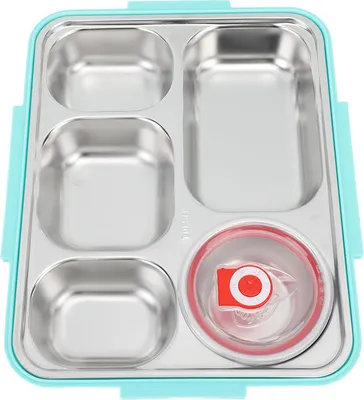 Zdjęcie produktu dla Pudełko na lunch z pokrywką 5 komór Ochrona termiczna Pojemnik na lunch ze stali nierdzewnej Pudełko z pałeczkami Łyżka Miska na zupę Zielony