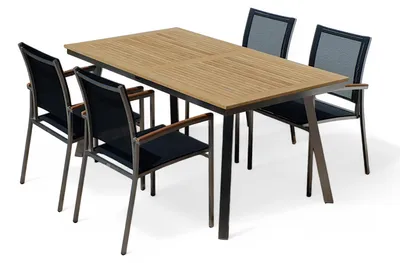 Produktbild von ALEOS. Gartengarnitur Edelstahl Teak Set Tisch Nassau 160x90 cm + 4 stapelbare Sessel schwarze Batyline Bespannung Stapelsessel A-Grade Teak Holz Gastroqualität Gartenmöbelgarnitur Esstischset