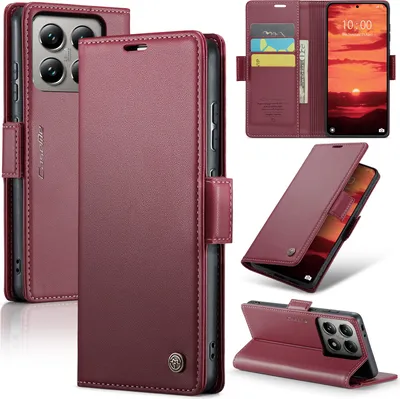 A collage of images showing a red leather wallet-style phone case for a Xiaomi 14T.