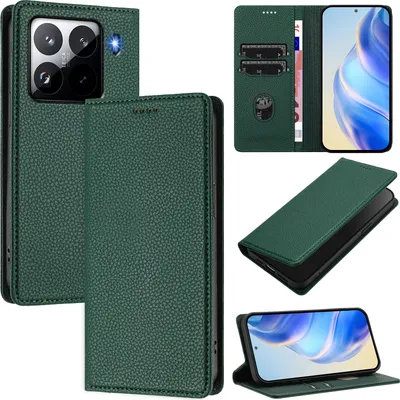 Immagine prodotto di Custodia in pelle per Xiaomi 15 Pro, pelle Litschi, custodia a portafoglio con slot per carte e supporto Verde
