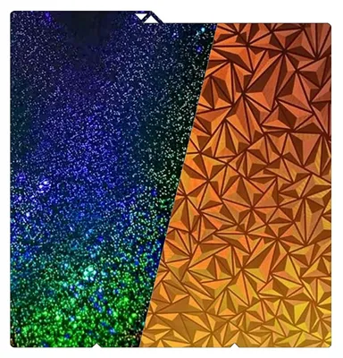 A split image showing two different textured surfaces, one with a starry, gradient effect and the other with a geometric, faceted pattern.
