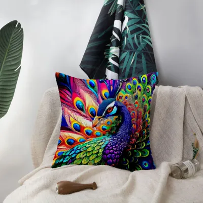 Image de Housse de coussin paon, 45 x 45 cm, coussin décoratif pour salon