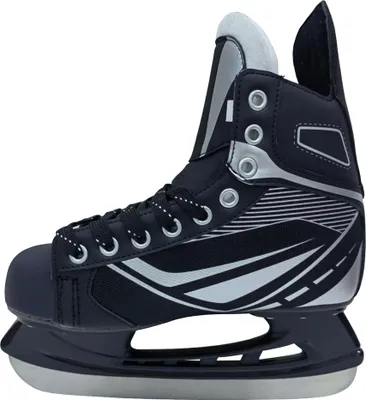 A side view of a black and silver ice skate.