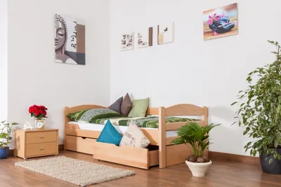 Produktbild von Einzelbett / Funktionsbett "Easy Premium Line" K1/n/s inkl 2 Schubladen und 2 Abdeckblenden, 90 x 200 cm Buche Vollholz massiv Natur