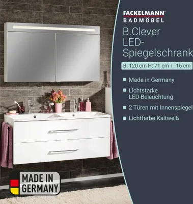 Produktbild von FACKELMANN Spiegelschrank B.CLEVER / zweitürig / Spiegelschrank mit gedämpften Scharnieren / Maße (B x H x T): ca. 120 x 71 x 16 cm / hochwertiger Spiegelschrank / Möbel fürs WC und Bad / Korpus: Weiß