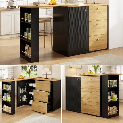 Zdjęcie produktu dla Rozkładany stół barowy Sweiko z miejscem do przechowywania (138-204×39×104 cm), obracany o 360° bar jadalny, nowoczesny ruchomy stół barowy, wysoki stół kuchenny, stół bistro, kredens z usłojeniem drewna