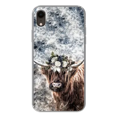 Produktbild von MuchoWow® Handyhülle Schutzhülle Hülle für iPhone XR Schottischer Highlander - Rauch - Blumen Silikon Softcase Handy Hülle - Schutzdeckel