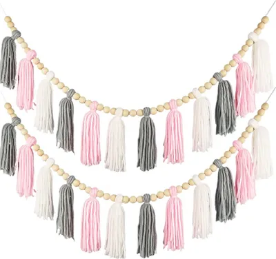 Image de 2 pièces (couleur 3) arc-en-ciel guirlande houppe coton perle bois guirlande bannière tenture murale pastel houppe bannière macramé tissé guirlande