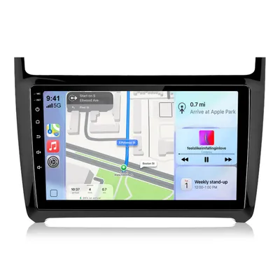 Image de Autoradio Android 9 pouces avec Carplay, 1 Go de RAM et 32 Go de stockage, compatible avec les modèles VW Polo 6R 6C V de 2009 à 2016. Inclut GPS, navigation, Wi-Fi, Bluetooth, FM, RDS,au volant et ports USB. Format 2DIN