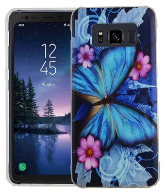 A smartphone with a decorative case featuring a blue butterfly and pink flowers.