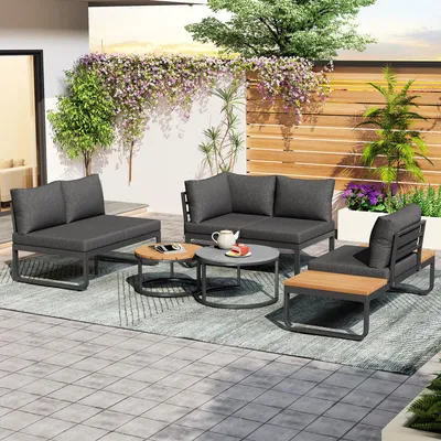 Image de Ensemble de mobilier de jardin en fer galvanisé, 5 pièces : salon de jardin pour 5 personnes avec 2 tables basses empilables et coussins de 10 cm, gris