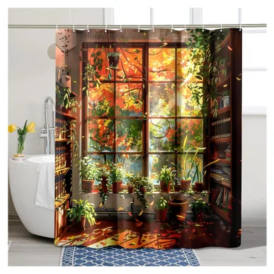 Produktbild von Duschvorhang mit Herbstblättern, Pflanzendekor für das Badezimmer, natürlicher Stil, wasserdicht, inklusive Haken, 183 x 190 cm