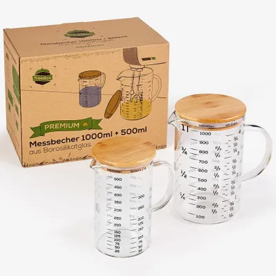 Productafbeelding van TreeBox meetbeker - Glas - Set van 2 - 1 liter en 500 ml - met bamboe deksel