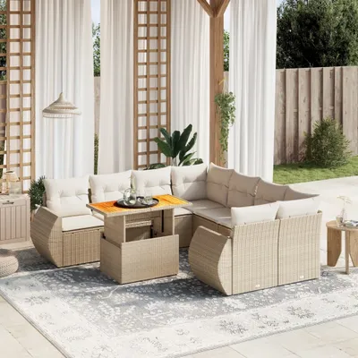 Produktbild von Design 9-tlg. Garten-Sofagarnitur mit Kissen Beige Poly Rattan, Gartenmöbel-Sets 2024 Neu