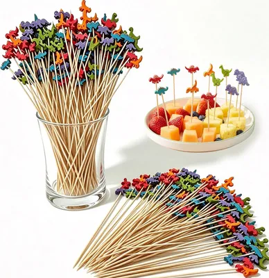 Imagen del producto de Brochetas de madera con forma de dinosaurio, 12,5 cm, paquete de 100 unidades, ideales para aperitivos