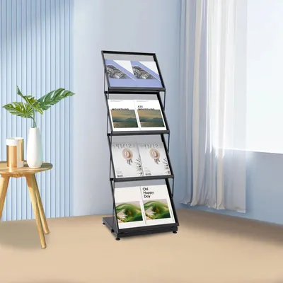 Image de Présentoir à prospectus - Présentoir à magazines pliable A3 - 4 compartiments - Portable pour salon/exposition - Structure métallique - 36 × 27 × 132 cm - Gris foncé