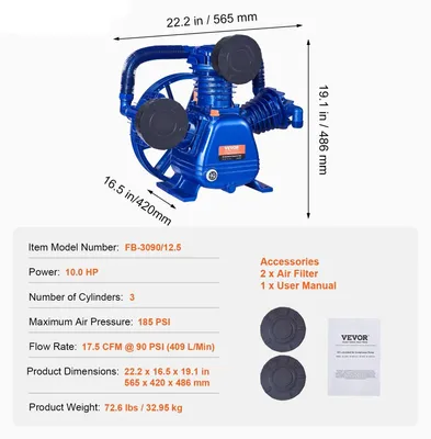 Imagen del producto de Compresor Pompkop - Cabezal de compresor - Bomba de 3 cilindros - Motor de 10 CV - Presión de trabajo de 185 PSI