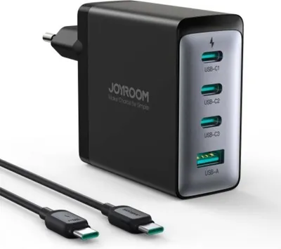 Produktbild von Joyroom Wandladegert, 3x USB-C + USB-A, PD, GaN, 100 W, mit USB-C-Kabel - Schwarz