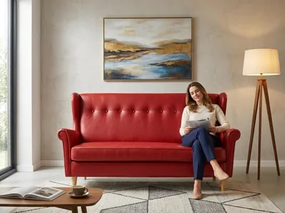 Produktbild von Schlafsofa ARI Boston – mit Schlaffunktion und Bettkasten, Kunstleder in Rot, Family Meble, KI-generiertes Bild