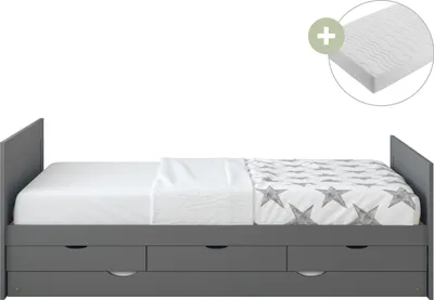 Produktbild von Sunny Eli Kinderbett aus Holz mit Ausziehbett und 3 Schubladen in Grau | Bett Mit Matratze | Einzelbett in 206,5 x 97 x 75 cm | Für Matratzengröße: 90 x 200 cm