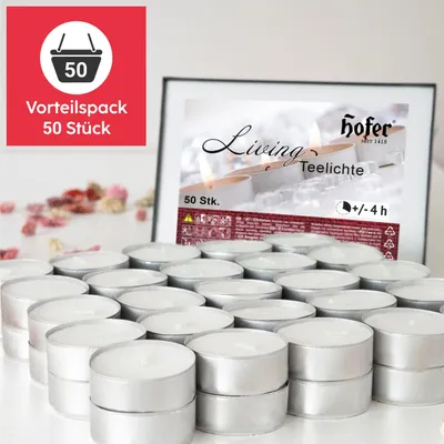 Immagine prodotto di Lumini HOFER - 50 pezzi - durata di combustione circa 4 ore - confezione grande senza profumo - candeline per decorare, festeggiare, godersi il momento e rilassarsi