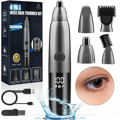 Produktbild von Nasenhaartrimmer, 5 in 1 Nasenhaarschneider mit LED Anzeige, USB Wiederaufladbar Ohrhaartrimmer Augenbrauen Esichtshaartrimmer für Männer und Frauen