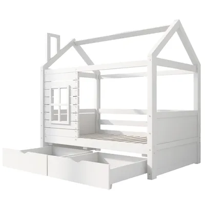 Produktbild von Hausbett Kinderbett 80x160 mit Rausfallschutz Kinderbett für Jungen & Mädchen, Massivholz Kinder Bett mit Rausfallschutz Fenster und Lattenrost,