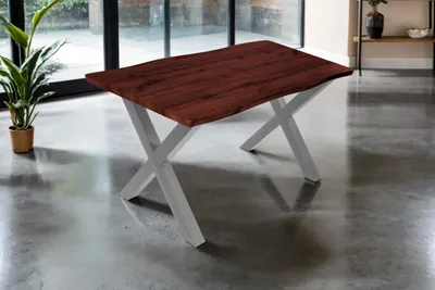 Produktbild von Esstisch Josy | 140 x 80 cm | Holz Nussbaum-Optik | X-Gestell Metall Silber | 40 mm Tischplatte mit Baumkante | Tisch für Esszimmer & Küche