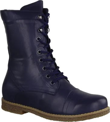 A single navy blue lace-up boot is shown against a white background.