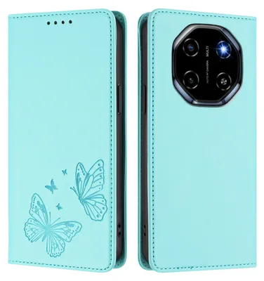 Image de Étui en cuir pour Blackview Shark 6 / Oscal Tiger 8, motif papillon, étui portefeuille à rabat avec support, vert menthe