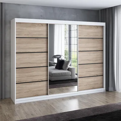 Produktbild von Schwebetürenschrank 200 cm, 3-türig, mit Spiegel & 4 Schubladen, Retro-Stil, Kleiderschrank VILUNO 2 in  Weiß /Sonoma / Sonoma