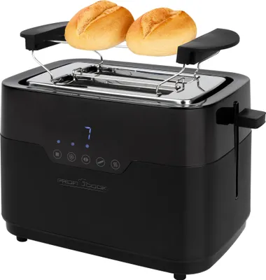 Produktbild von ProfiCook Toaster 2 Scheiben mit Brötchen Aufsatz und extra breitem Toast-Schlitz, Auftaufunktion, 7 einstellbare Bräunungsstufen Edelstahl Sensor Touch schwarz matt PC-TA 1244