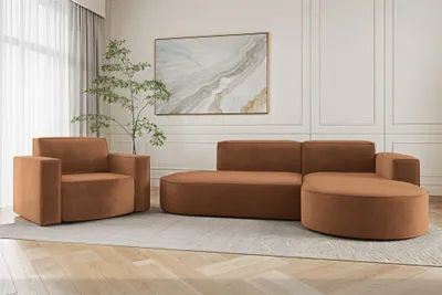 Productafbeelding van Bankstel, 2-delig: fauteuil en hoekbank, model PALMA XS, bekleding: stof Noel, kleur: zandbruin, met hocker aan de rechterkant