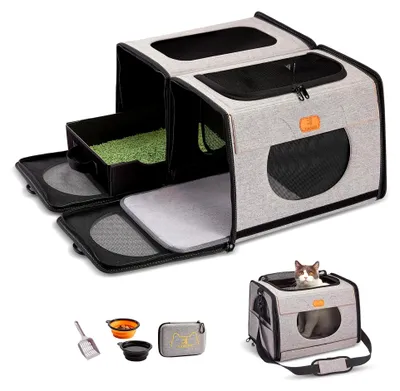 Produktbild von Große Transportbox für Katzen, faltbare Katzenbox für Reisen, 2-in-1 Haustiertragetasche mit Katzentoilette und weichem Katzenkäfig