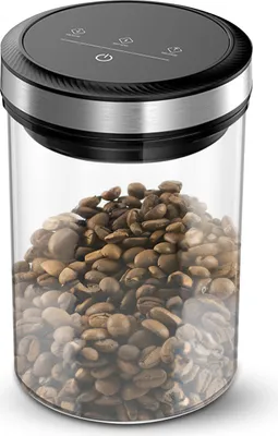 A vacuum coffee canister filled with coffee beans, shown against a white background.