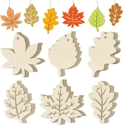 Produktbild von 36 Stück Herbst Holzahornblätter Bastelset - 6 Motive DIY Holzscheiben zum Bemalen - Filigrane Herbstdeko Holz Ahornblatt Anhänger mit Löchern für Erntedankfest, Thanksgiving, Tischdeko Basteln