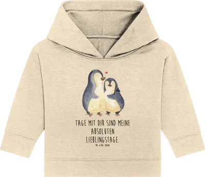 Produktbild von Mr. & Mrs. Panda Organic Baby Hoodie Pinguin umarmen 12. - 18. Monat - Natural Raw - Geschenk, Hochzeitstag, Hochzeit, Liebe, Kapuzensweatshirt, Kapuzenshirt