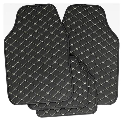 Produktbild von Set aus 4 Autofußmatten Universal Fußmatten Teppiche Kunstleder Allwetter Schwarz mit Beigen Nähten
