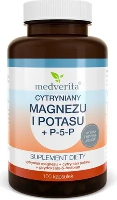 Produktbild von MEDVERITA Magnesium + Kalium Citrate + P-5-P 100 Kapseln – Nahrungsergänzung, Muskeln & Energie
