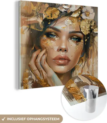 Produktbild von MuchoWow Glasbilder - Bilder auf Wandbild - Foto auf Glas Frau - Blumen - Gold - Porträt 40x40 cm Wanddekoration aus Glas - Acrylglasbild - Acrylbilder