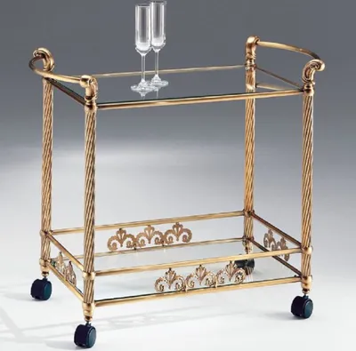 Luxus Trolley Servierwagen mit Glasplatten Messing Antik Bronze Schwarz Luxury Serving Trolley with Glass Plates Brass Antique Bronze Black