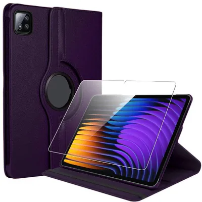 Image de Coque + Verre Trempé pour Xiaomi Pad 7 / 7 Pro, Antichoc Rotative 360° Cuir Synthétique Violet