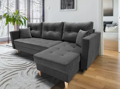 Produktbild von MTJMöbel Ecksofa SKANDI 222x140 - UNIVERSALECKE - mit Schlaffunktion - 2 Bettkästen - Bettsofa - Dunkelgrauer Samtstoff - MATT VELVET 27238
